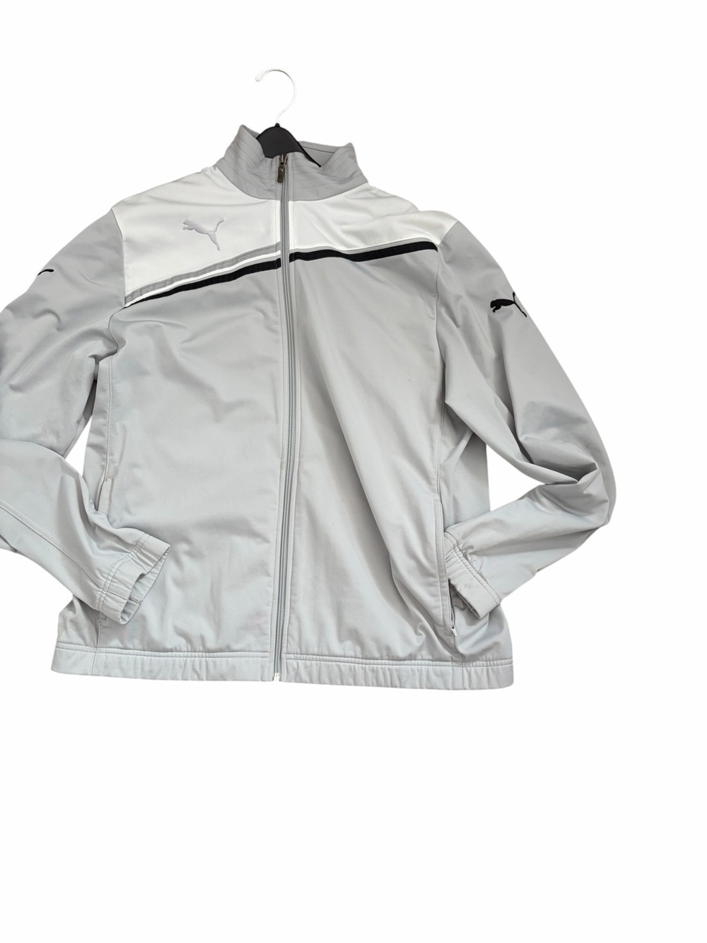 Puma Men’s Light Gray and White Track Jacket with Black Stripe VTG